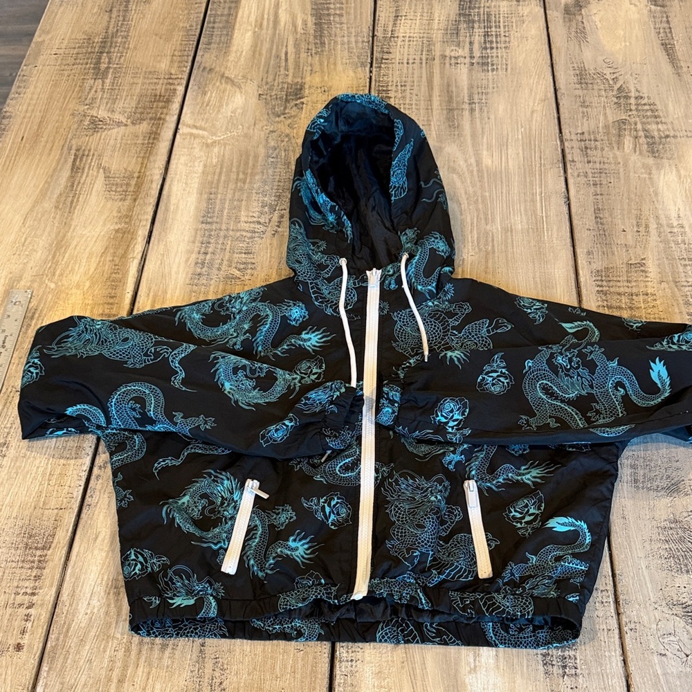 Women's Black Bomber Jacket with Teal Dragon Print